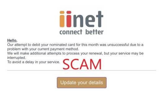 LOOK CLOSELY: According to Scamwatch.gov.au, emails like this may look convincing, but on second look there are signs of a scam. If in doubt, contact the provider directly. Picture: Scamwatch.gov.au