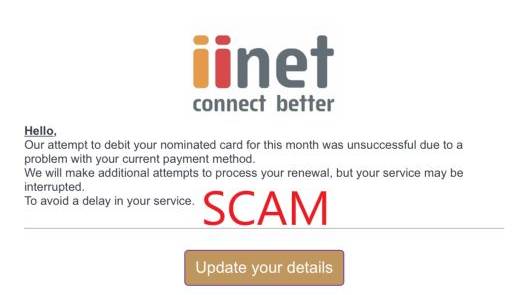 LOOK CLOSELY: According to Scamwatch.gov.au, emails like this may look convincing, but on second look there are signs of a scam. If in doubt, contact the provider directly. Picture: Scamwatch.gov.au