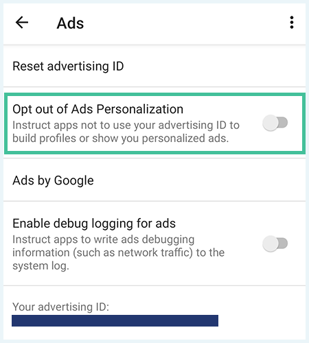 Screenshot of Ads settings