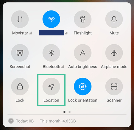 Screenshot of mobile device, quick menu, location highlighted