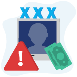 Icon representing sextortion, photo, money and alert red triangle